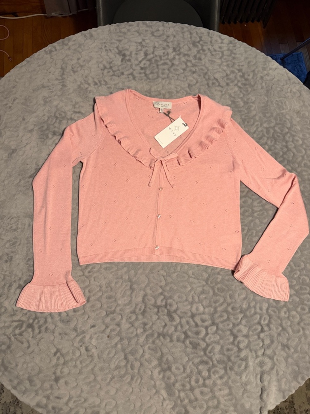 Wayf Blush Pink Ruffle-Trim Cropped Cardigan